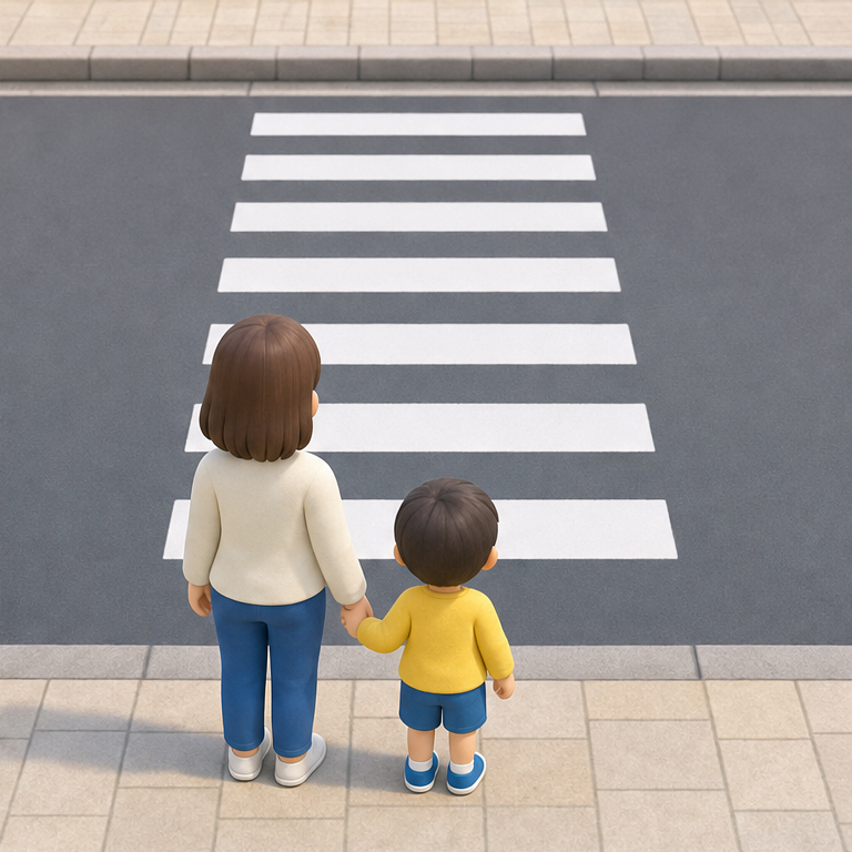 横だん歩道についたら、まず止まります。
急に道路へ出ると、あぶないです。
大人といっしょに、落ち着いて待ちます。