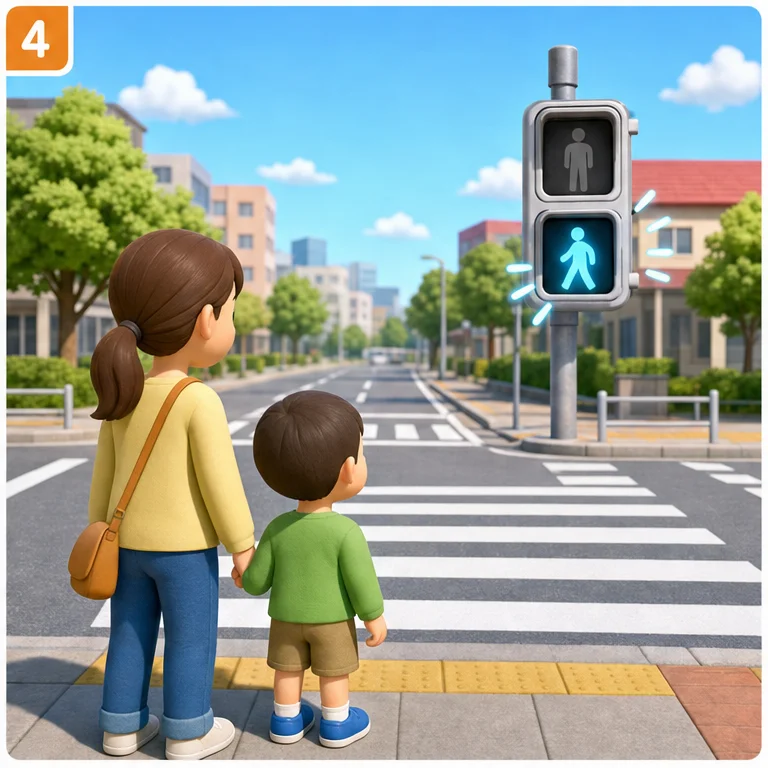 초록불이 깜빡이면, 곧 빨간불이 돼요.
아직 건너지 않았을 때는 기다려요.
서두르지 말고, 다음 초록불을 기다려요.