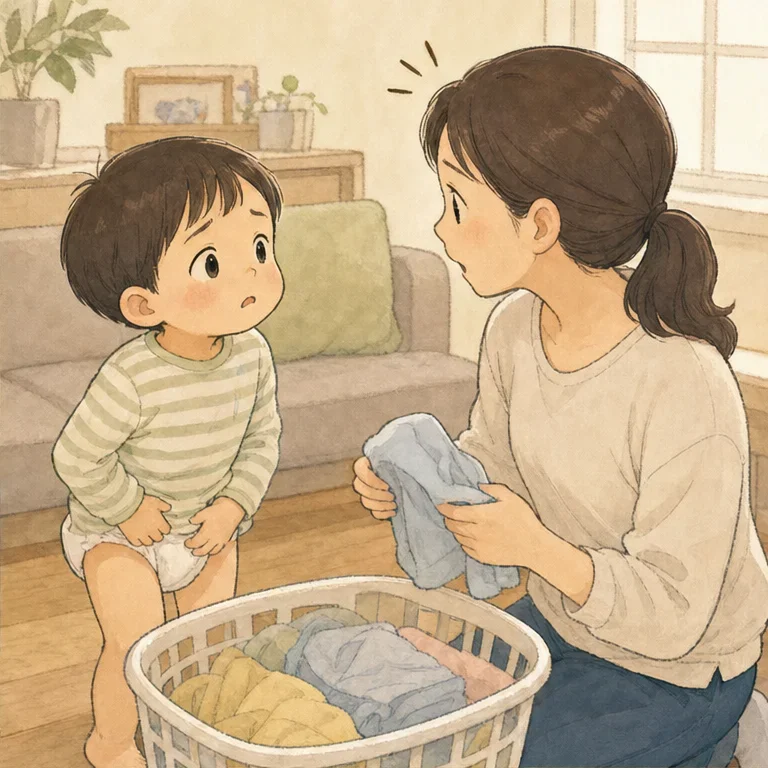 그런데 불과 몇 분 뒤.
아이가 갑자기 멈춰 서서 기저귀를 짚으며 말했습니다.
“쉬야, 나왔어”
아까 물어봤잖아? 하고 생각하면서도, 그 얼굴이 너무 진지해서 저도 무심코 하던 집안일을 멈췄습니다.