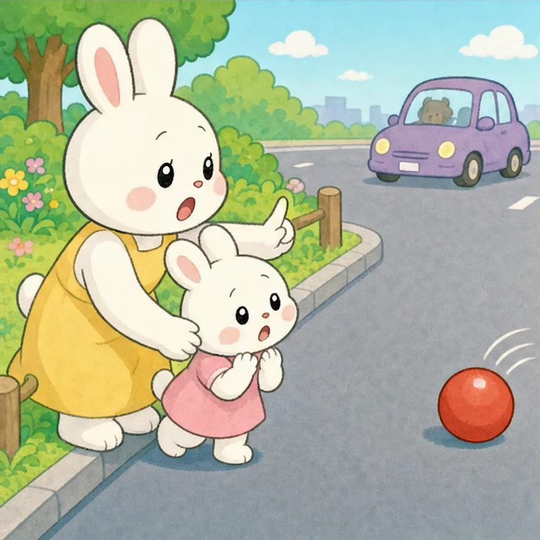 そのとき、お母さんが 言いました。
「ストップ！ 道路へ 急に 出ては いけないよ。」
車は、すぐには 止まれません。
だから、ボールを 追いかけて 飛び出すと、とても あぶないのです。