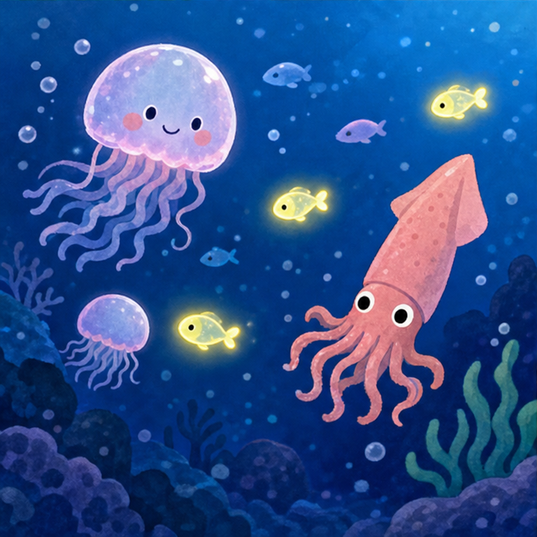 海は、下へ行くほど深くなります。
深いところは、太陽の光が届きにくくて、だんだん暗くなります。
深い海には、ふわふわ泳ぐクラゲや、すいーっと動くイカもいます。
中には、自分でぴかっと光る魚もいるんだよ。