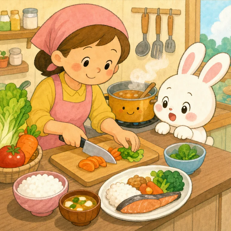 つぎに、ぴょんたは 台所へ 行きました。
そこでは、料理を作る人が ごはんを よそって、野菜を 切って、お鍋で ぐつぐつ 煮ていました。
「食べる人が 元気に なりますように」
そんな気持ちで、ていねいに 作ってくれています。
ぴょんたは 思いました。
「ごはんは、ひとりで できたんじゃないんだ。作ってくれた人が いるんだね。」