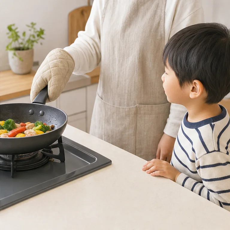 フライパンは、料理をすると熱くなります。
さわると、やけどをすることがあります。
使うときは、大人といっしょにします。