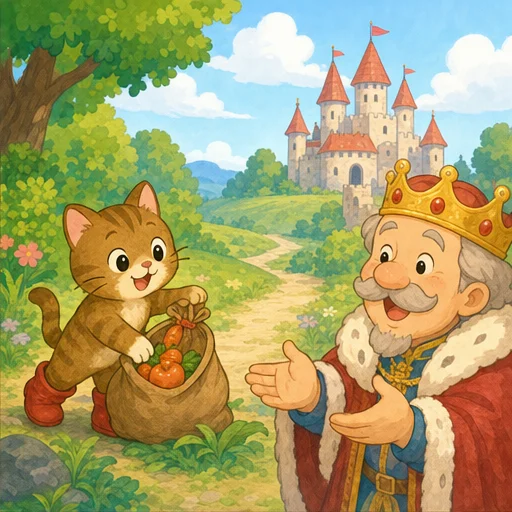 The Cat in Boots went out to the forest.
Then he gathered delicious-looking food and brought it to the king’s castle.
“This is a gift from my master!”
The king smiled.
“My, what a kind person,” he said happily.