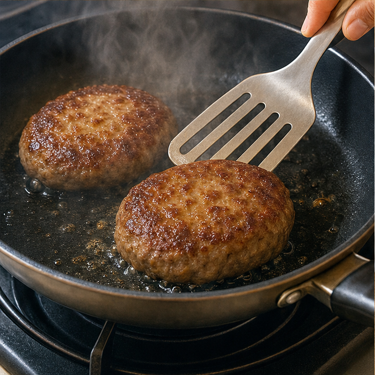 ハンバーグは、フライパンで焼きます。
おうちの人が、火を使って作ります。
中までよく焼いてから食べます。