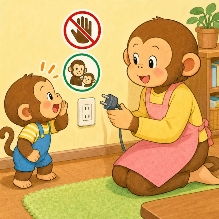 もんちゃんは、コンセントから はなれました。
「使いたいときは、お母さんを よぶね！」
「そうだね。こまったときも、なにか 入ってしまったときも、大人を よぼうね」
コンセントは さわらない。おとなに しらせる。もんちゃんは 大切な おやくそくを おぼえました。