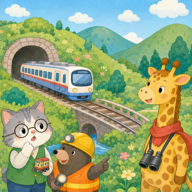 電車は、決まった道の線路を走るよ。
トンネルを通ったり、橋をわたったりすることもあるよ。
運転する人が、前をよく見て進めているんだ。