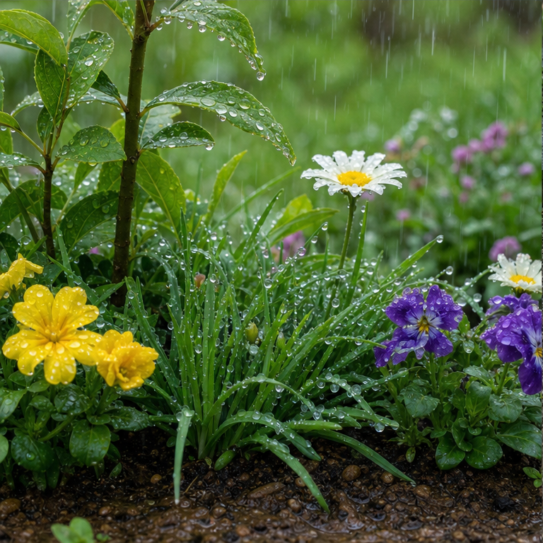 草や花は、水があると育ちます。
雨は、植物に水をくれます。
雨のあとは、葉っぱがきらきら見えることがあります。