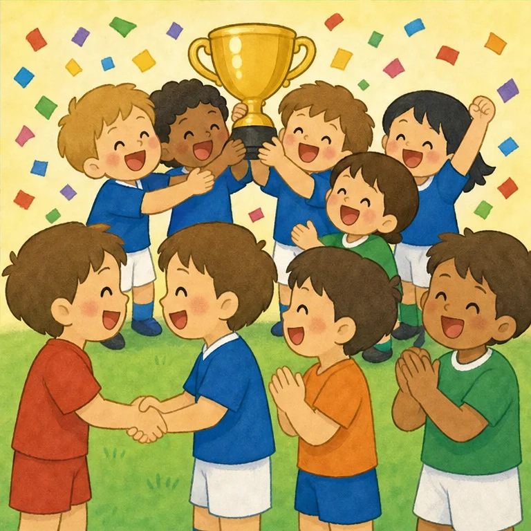 たくさん試合をして、最後にいちばん勝ったチームが優勝します。
優勝したチームは、とってもうれしい気持ちになります。
でも、サッカーで大切なのは、勝つことだけではありません。
相手に「ありがとう」、なかまに「ありがとう」と言うことも大切です。
