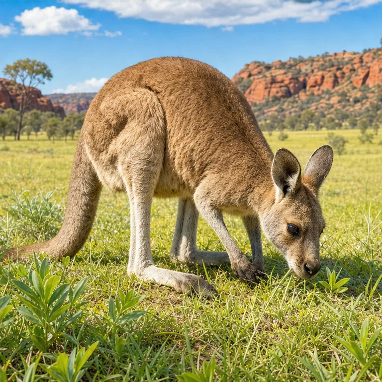 Kangaroos eat grass and leaves.
They munch grass with their mouths.
Some kangaroos live in wide grasslands.