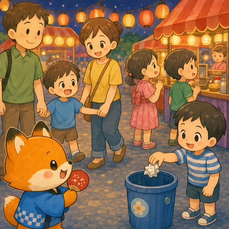 축제에서는 어른과 함께 걸어요.
사람이 많을 때는 손을 잡으면 안심돼요.
차례를 지키고, 쓰레기는 쓰레기통에 넣어요.
