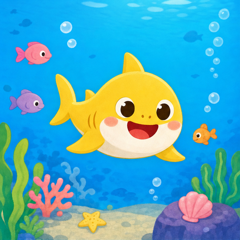 ここは、きれいな海の中です。
小さなサメが スイスイ 泳いでいます。
サメは、海にすむ 魚の仲間です。
ひれと しっぽを つかって、じょうずに 泳ぎます。