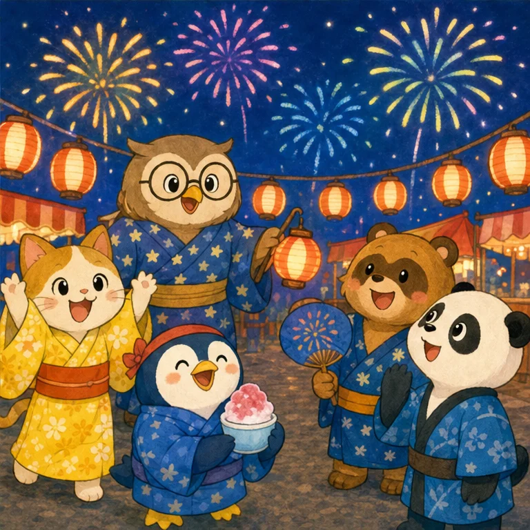 夏の夜には、夏まつりや花火を楽しむこともあるよ。
ゆかたを着たり、ちょうちんを見たりすると、わくわくするね。
日本の夏は、あついけれど、楽しいことがいっぱいの季節だよ。