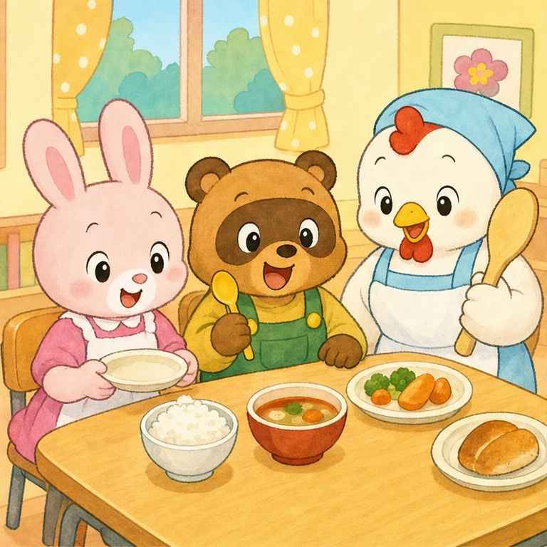 ごはんのじかんです。
おさらには、おいしそうな食べ物がならんでいます。
食べるまえに、みんなで「いただきます」のきもちをもちます。