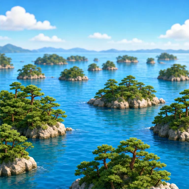 Matsushima is in Miyagi Prefecture.
You can see many small islands in the sea.
Pine trees grow on the islands.