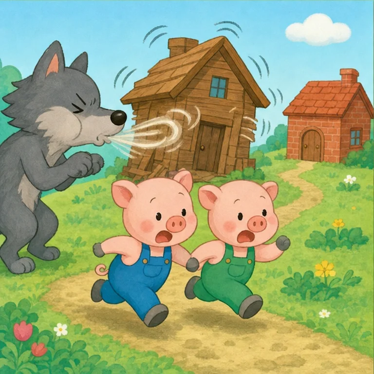 늑대는 나무 집에도 찾아왔어요.
“후우! 후우!”
나무 집은 흔들흔들, 덜컹덜컹.
아기 돼지 두 마리는 깜짝 놀랐어요.
“셋째 아기 돼지 집으로 가자!”
두 마리는 벽돌 집으로 서둘러 달려갔어요.