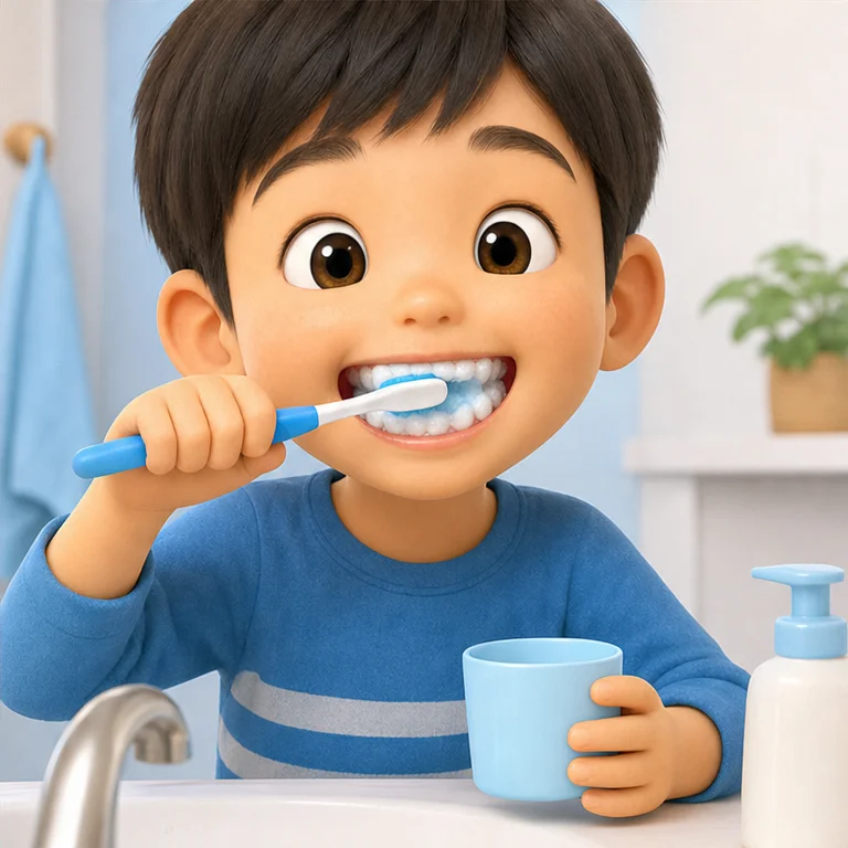 食べたあと、歯には小さなよごれがつくことがあります。
歯ブラシで、やさしくみがきます。
毎日みがくと、歯をきれいにできます。