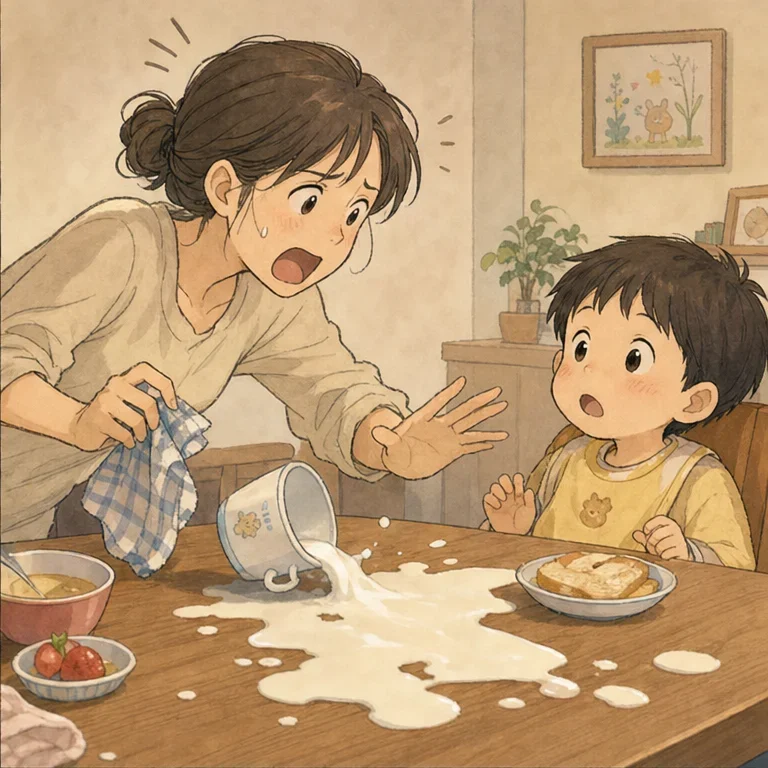 急いでいるときに限って、牛乳のコップが倒れました。
テーブルに白い線が広がっていくのを見た瞬間、私は思わず大きな声を出してしまいました。
「だから言ったでしょ！」
言い終わったあと、子どもの顔がすっと固まったのを見て、胸の奥が冷たくなりました。
