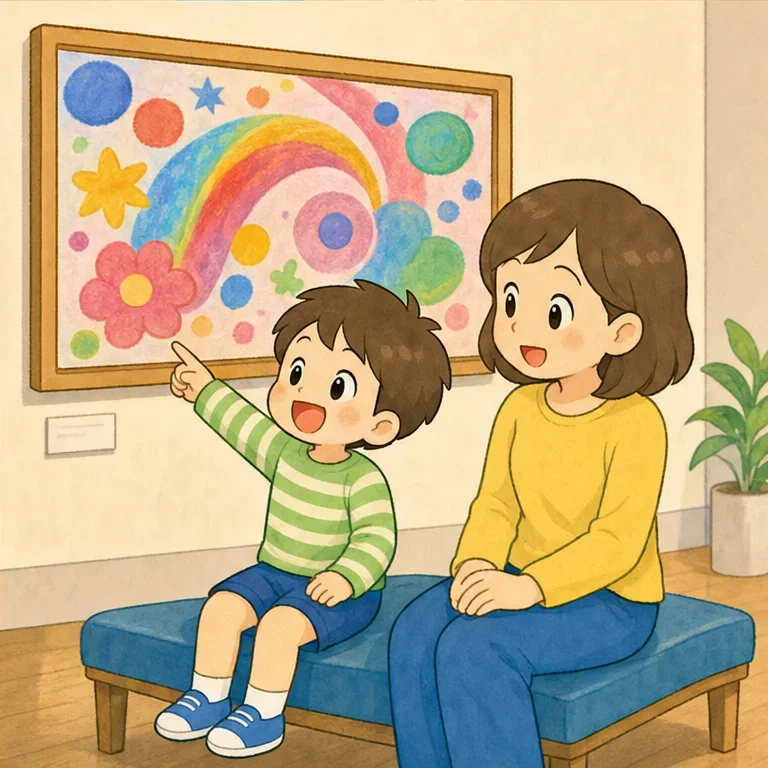 많은 작품을 본 중에 좋아하는 작품을 찾았어요.
“나는 이 무지개색 그림이 좋아!”
미술관에서는 잘 보는 것보다 느끼는 것이 중요해요.
예쁘다, 신기하다, 재미있다. 여러 가지 마음을 찾을 수 있었구나.
