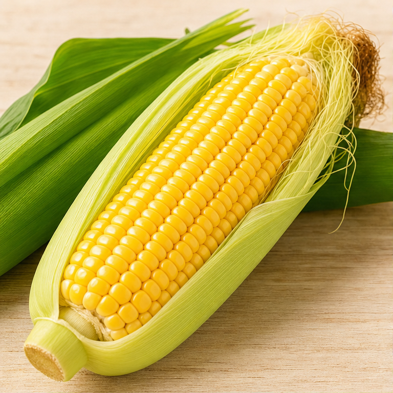 とうもろこしは、黄色い粒がたくさんならんだ野菜です。
長い形をしています。
外には、緑の皮がついています。
