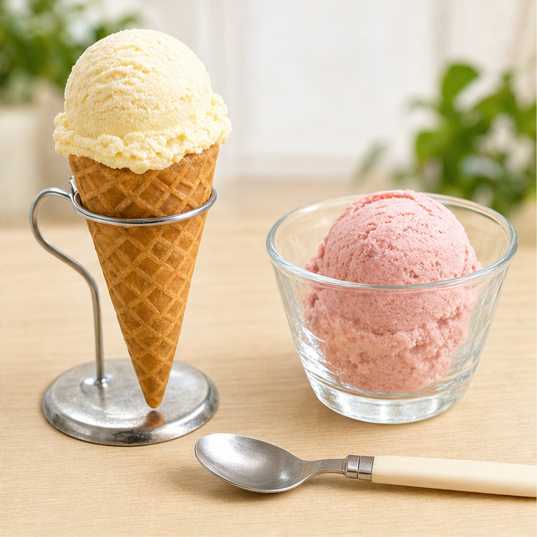 アイスクリームは、コーンやカップで食べます。
スプーンですくって食べることもあります。
冷たいので、少しずつ食べましょう。