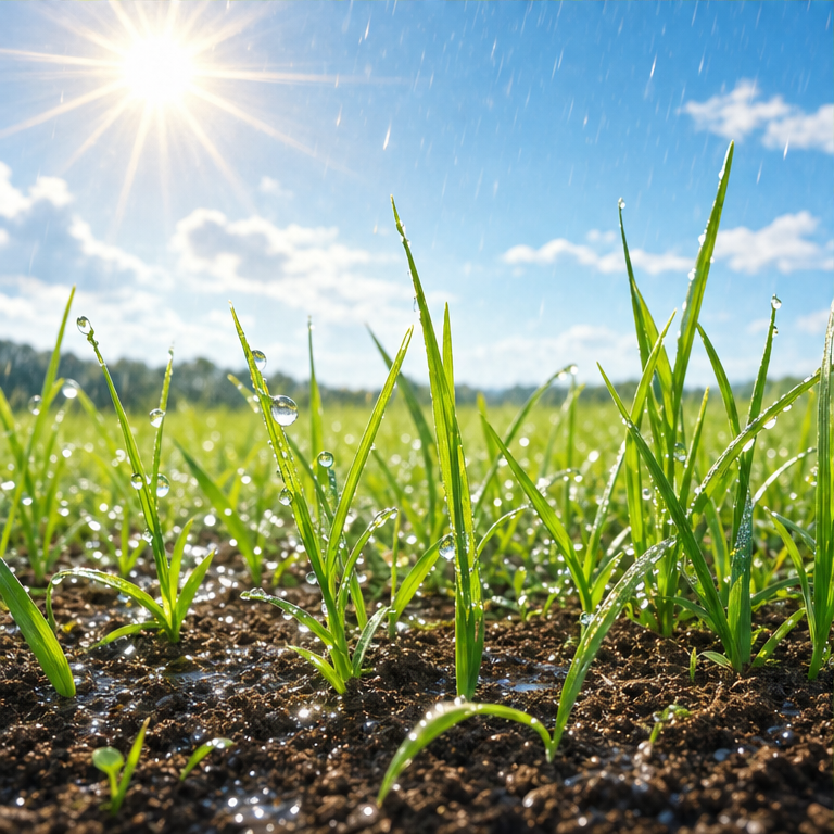 草は、太陽の光をあびます。
雨や水をもらいます。
土の中の根から水をすって、少しずつ育ちます。