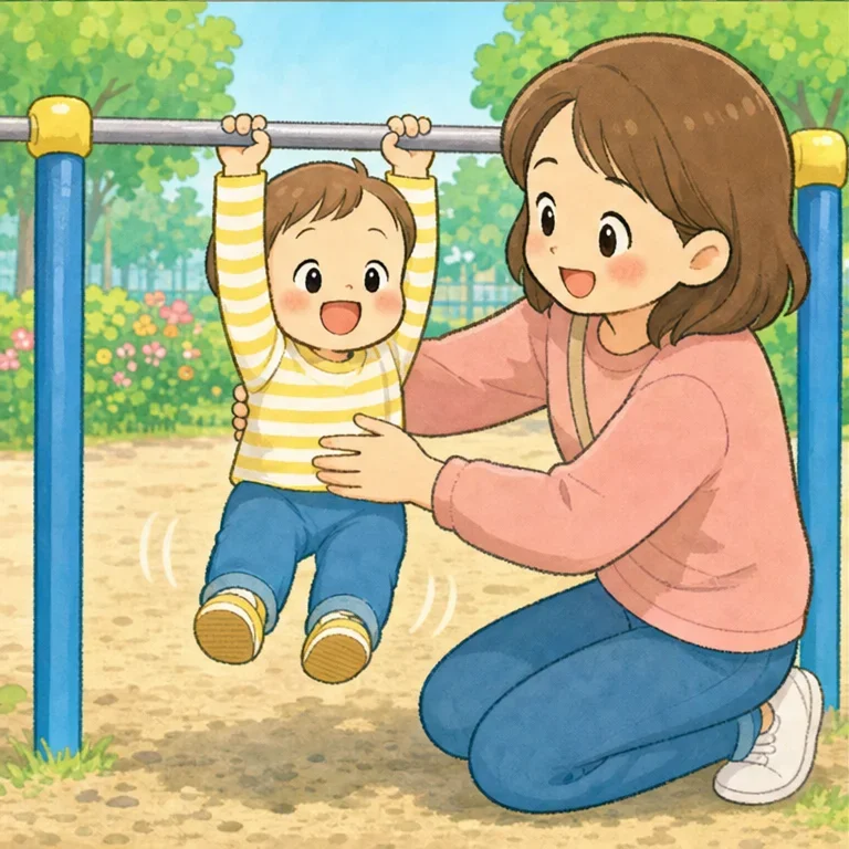 흔들흔들, 흔들흔들.
몸이 살랑살랑 움직여요.
손으로 잡고 있으니까 매달릴 수 있구나.
엄마가 곁에 있어 주니까 안심돼요.