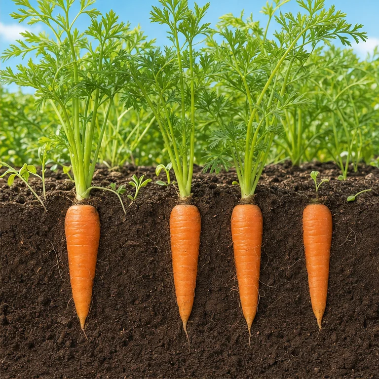 Carrots grow in fields.
The part we eat grows bigger in the soil.
The leaves stick out above the soil.