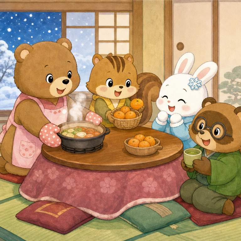 冬は、からだをあたためることが大切です。
こたつやあたたかい食べ物で、ぽかぽかになります。
みんなで食べると、心もにこにこします。