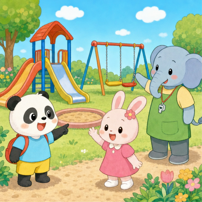 公園には、いろいろな遊具があるよ。
すべり台、ブランコ、砂場、ジャングルジム。
見つけるだけで、わくわくするね。