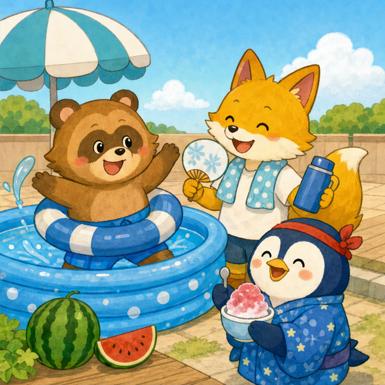 夏はあついから、水あそびがとても気持ちいいね。
かき氷やすいかも、夏にうれしい食べものだよ。
あつい日は、お水やお茶をのんで、日かげで休もうね。