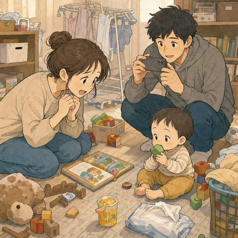 그때부터 우리는 갑자기 안절부절못하기 시작했습니다.
“한 번 더 말하려나”, “동영상 찍을 수 있을까” 하며 스마트폰을 들고 기다렸습니다.
하지만 우리가 기대하면, 아이는 갑자기 모르는 척했습니다.
방금 전의 감동이 거짓말처럼, 블록을 핥거나 아기 과자에 푹 빠져 있었습니다.