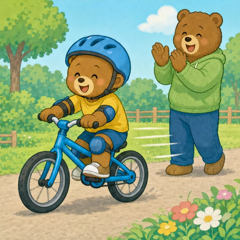 こぐまは、前を見て ペダルを こぎました。
ぐらぐらしても、あわてません。
お父さんが そっと 手を はなすと……
すいーっ！
こぐまは ひとりで 走れました。
「やったー！できた！」
こぐまは 思いました。
ころんでも、あきらめないで もう一回やると、できることが ふえるんだね。