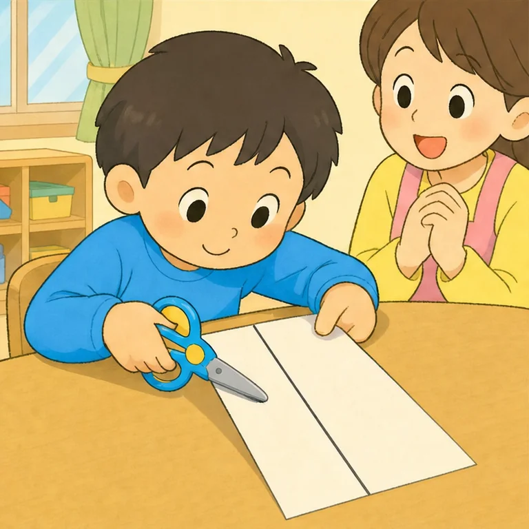 Now, let’s try cutting paper.
Open and close the scissors: snip, snip, snip.
It’s okay not to hurry.
Let’s move slowly along the line, snip-snip.
Keep the hand holding the paper away from the scissors.