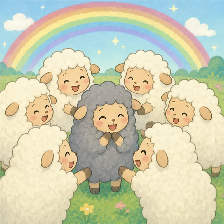 비가 그쳤어요.
모두가 회색 양에게 말했어요.
“고마워! 네 색깔이 보여서 살았어!”
회색 양은 활짝 웃었어요.
모두와 다른 점은 나쁜 것이 아니에요.
그 아이만의 소중한 장점이 될 때가 있답니다.
