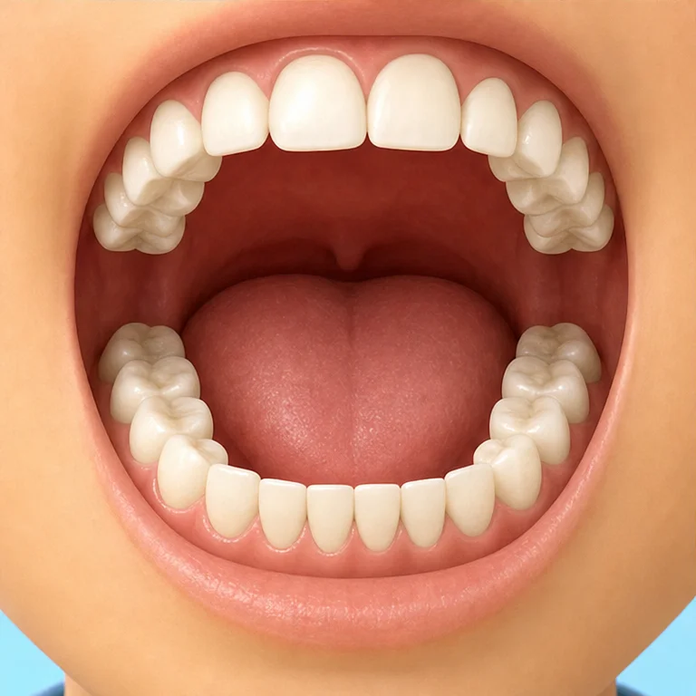 前の歯と、奥の歯は、形が少しちがいます。
前の歯は、食べものをかじるときに使います。
奥の歯は、食べものをよくかむときに使います。