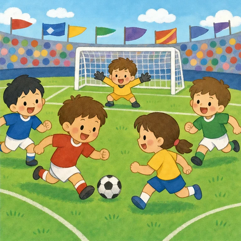 サッカーは、足でボールをけって遊ぶスポーツです。
相手のゴールにボールが入ると、「ゴール！」です。
でも、ひとりだけではできません。
なかまとパスをしたり、守ったりしながら、みんなでがんばります。