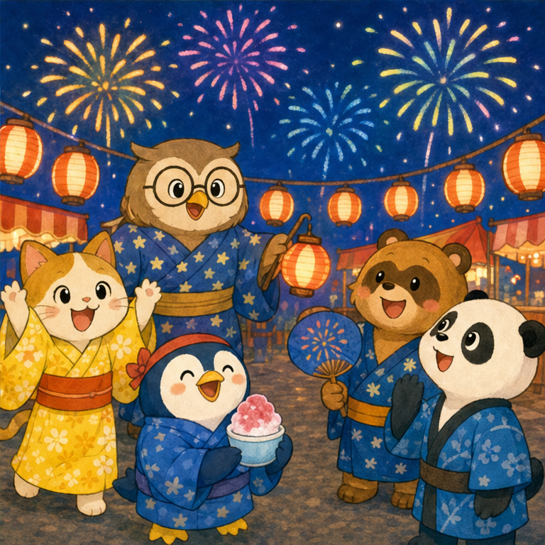 夏の夜には、夏まつりや花火を楽しむこともあるよ。
ゆかたを着たり、ちょうちんを見たりすると、わくわくするね。
日本の夏は、あついけれど、楽しいことがいっぱいの季節だよ。