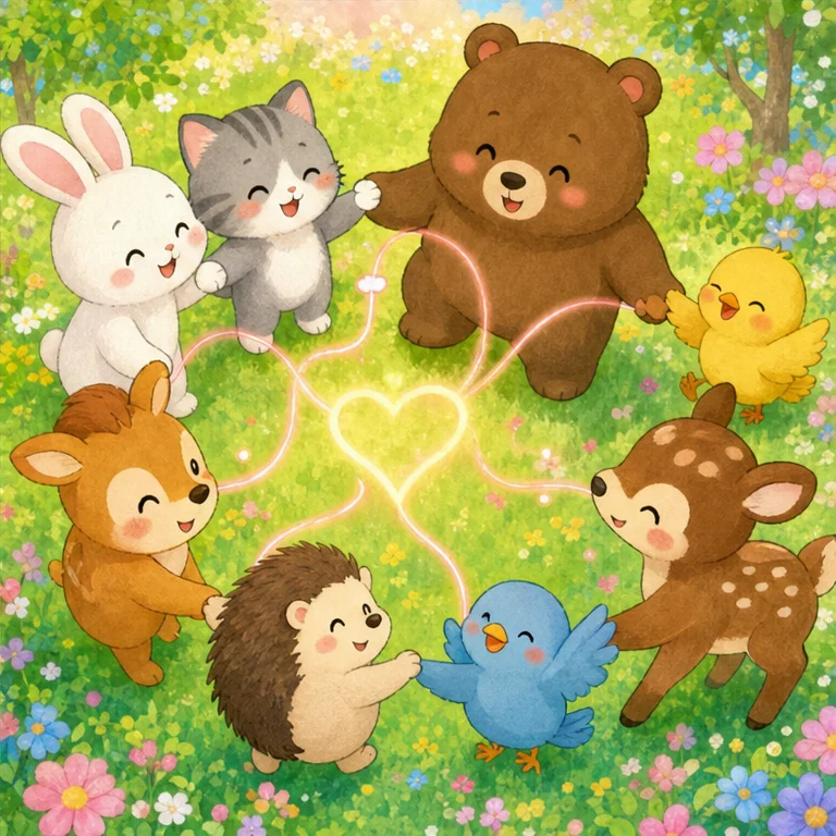 Rabbit’s little kindness went to the little kitten.
The little kitten’s kindness went to Bear.
Bear’s kindness went to Squirrel.
Their kind feelings connected more and more.
Everyone in the forest felt warm and cozy inside.
A little kindness can make the next person smile.