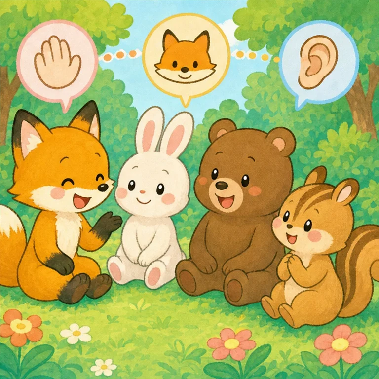 그 뒤로 모두는 차례대로 이야기하기로 했어요.
한 사람이 이야기할 때는 다른 친구들이 끝까지 들어요.
여우의 이야기가 끝나자 친구들이 말했어요.
“들려줘서 고마워!”
여우는 방긋 웃었어요.
끝까지 들어 주면 마음이 포근포근해져요.