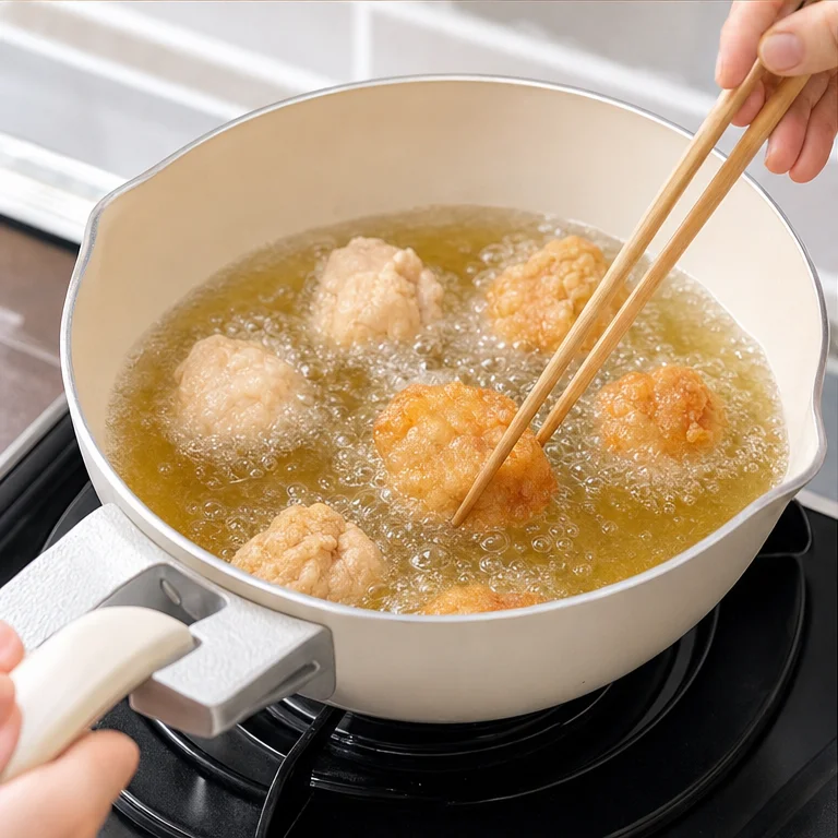 Karaage is made by frying it in oil.
Hot oil is used, so an adult cooks it.
When it is cooked through, it turns golden brown.