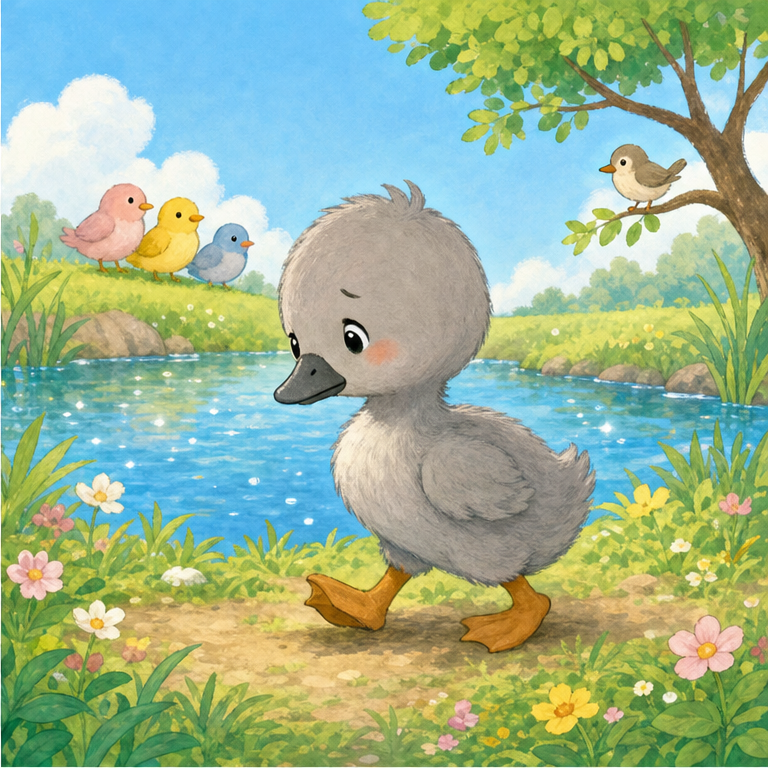 灰色の赤ちゃんは、みんなと ちがうことが 気になって、ひとりで おさんぽに 出かけました。
「ぼくは、どうして みんなと ちがうのかな」
赤ちゃんは とぼとぼ 歩きました。
でも、空は青く、池は きらきら。世界には いろいろな生きものが いました。