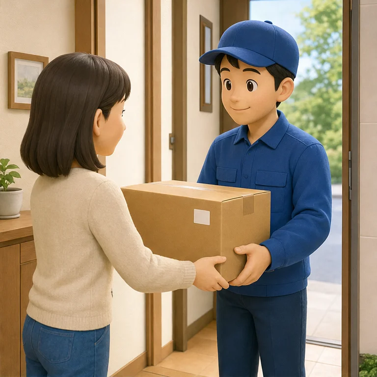 Things you want to send go into a box.
Close the box tightly and hand it over for parcel delivery.
It is carried carefully so it does not break.