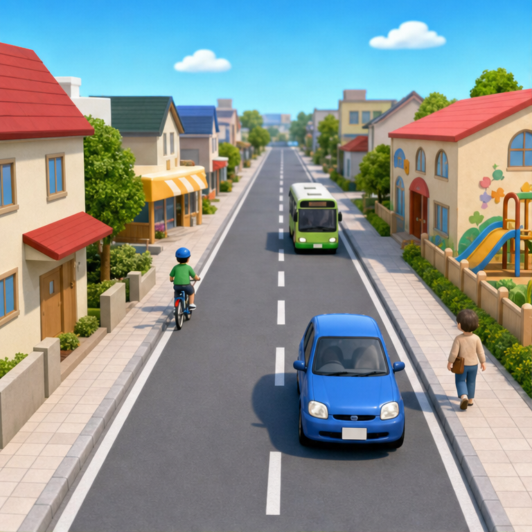 道路是讓人和車通行的路。
它連接著家、商店、幼兒園等地方。
有了道路，就能去各種地方。
