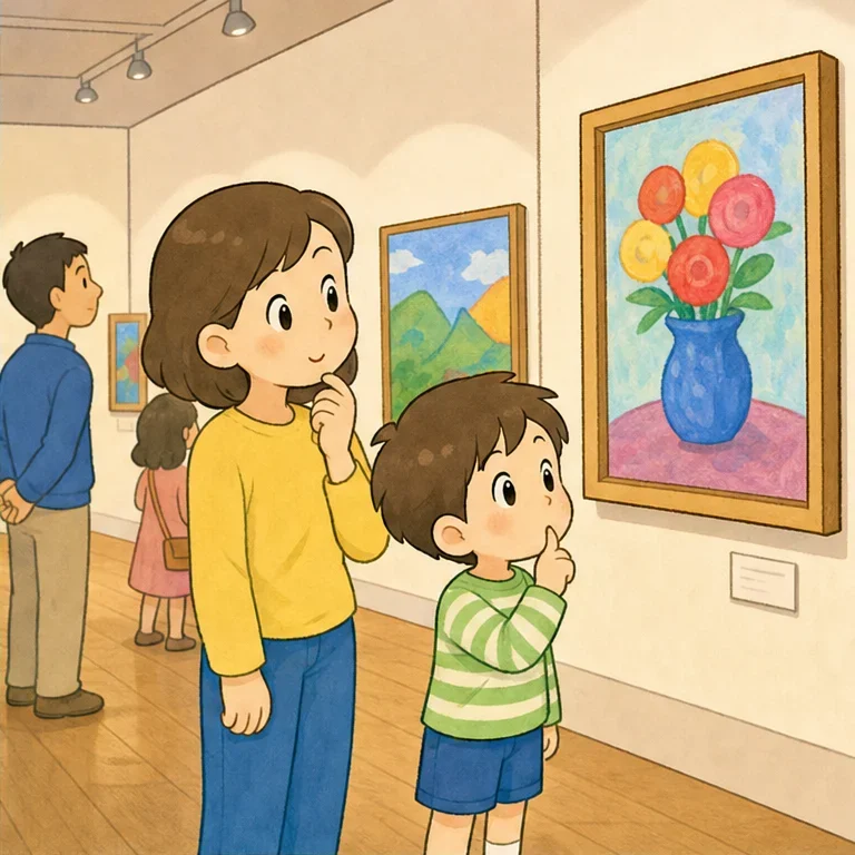 미술관 안에서는 큰 소리를 내지 않아요.
그림을 천천히 보고 있는 사람들이 있기 때문이에요.
이야기하고 싶을 때는 작은 목소리로 살짝 말해요.
“이 색깔, 참 예쁘다”