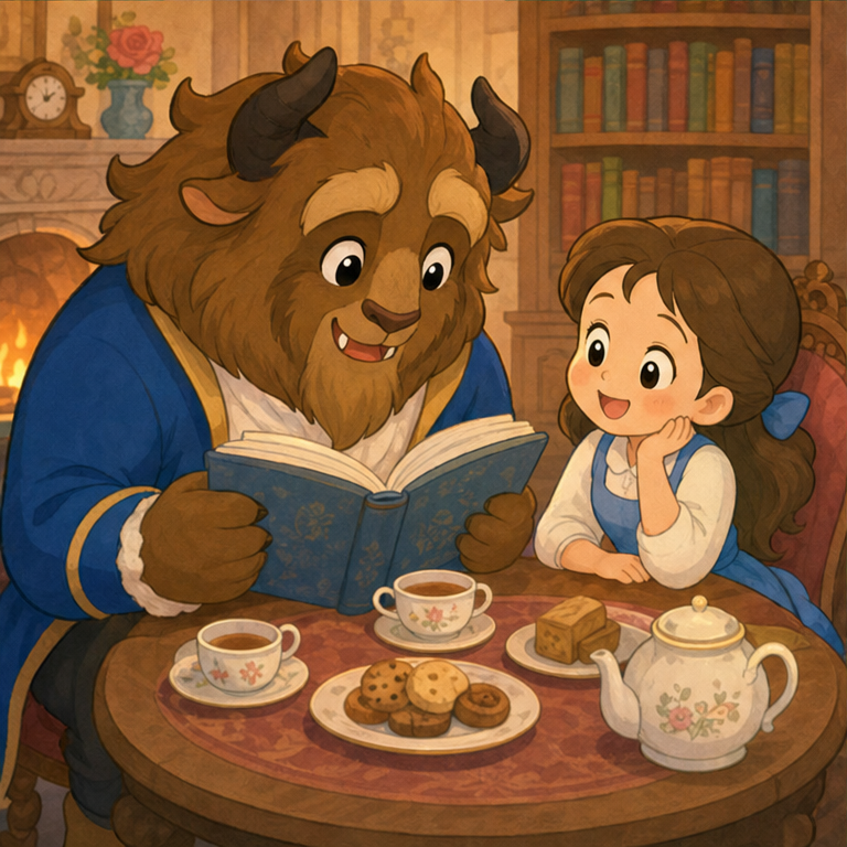 女の子は、野獣さんと一緒に本を読みました。
お茶を飲んだり、お話をしたりしました。
すると女の子は気づきました。
野獣さんは見た目は大きいけれど、心はとてもやさしいのです。