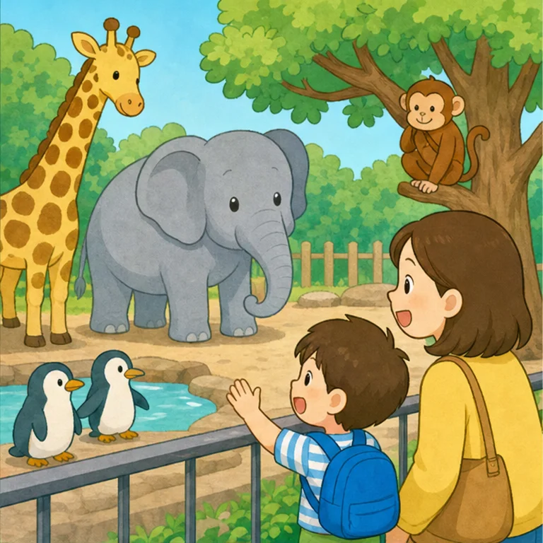 見て見て、キリンさん！ 首が とっても 長いね。
ゾウさんは 大きなお耳と 長いお鼻が あるよ。
ペンギンさんは よちよち 歩いているね。
動物さんは、みんな ちがう体や 動きを しているんだね。
