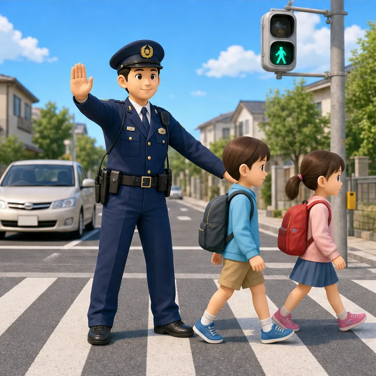 Police officers also protect traffic safety.
They watch so cars, bicycles, and people can pass safely.
At a crosswalk, we look carefully at the traffic light before crossing.