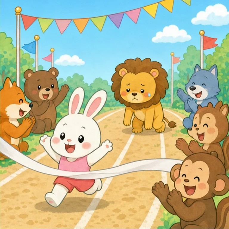 어느 날, 숲속 운동회가 있었어요.
사자 군은 달리기에서 꼭 이길 거야! 하고 생각했어요.
준비, 땅!
그런데 먼저 결승점에 도착한 건 작은 토끼였어요.
사자 군은 너무 속상해져서, 말없이 집으로 가 버렸어요.