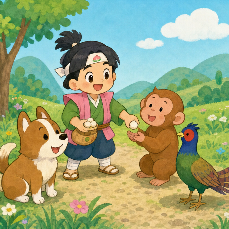 桃太郎は すくすく大きくなりました。
ある日、村の人たちが 鬼に 困っていると聞きました。
桃太郎は「ぼくが みんなを 助けに行くよ」と言って、おばあさんが作った きびだんごを持って出かけました。
道で出会った 犬、猿、きじに きびだんごを分けると、みんなは 桃太郎の仲間になりました。